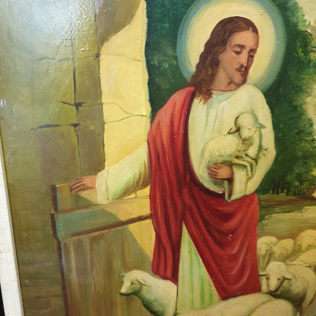 Картина "Иисус с ягнятами", художник Ю.Н. Арбузов (1939-2011), размеры 42х57см масло/фанера. Картинка 4